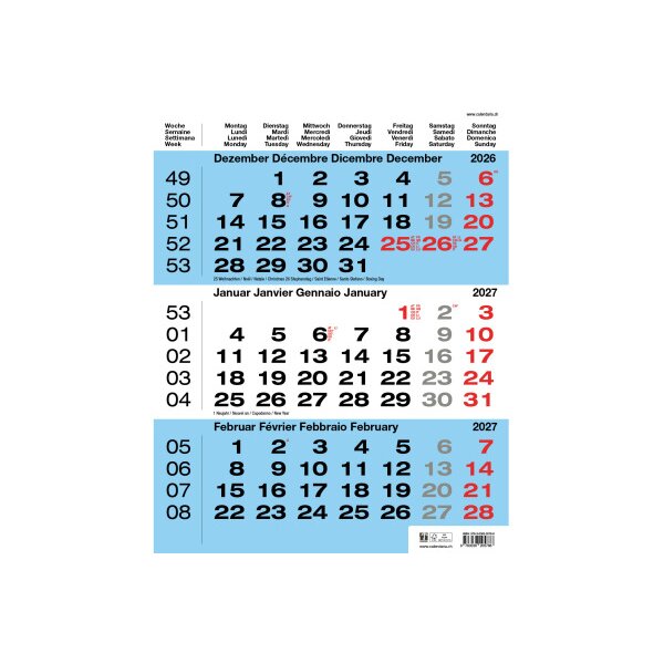 CALENDARIA 3-Monats-Wandkalender 2027 9783036205786 blau 31x40cm