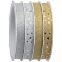 CACTUS Geschenkband-Multispule, 4-fach, Glitter, gold silber