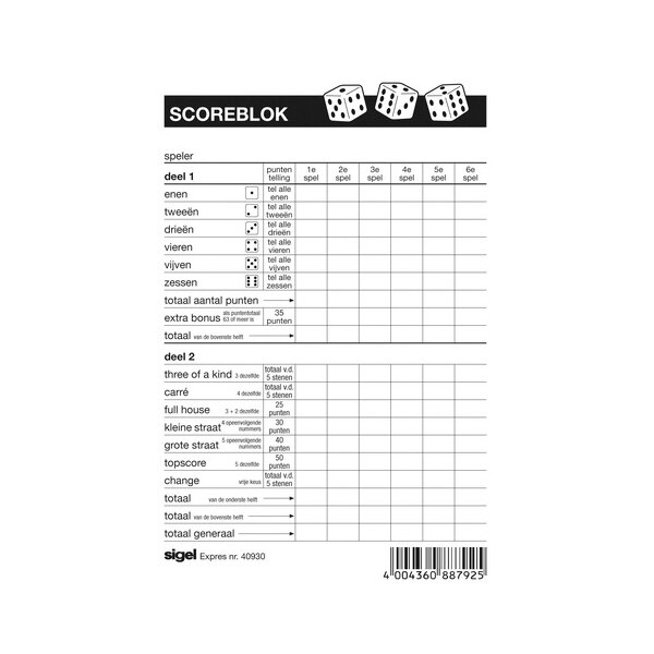 Expres Scoreblok voor yahtzee, 105 x 148 mm, 100 vel