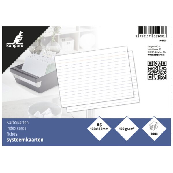 kangaro Fiches bristol, 148 x 105 mm, ligné, blanc