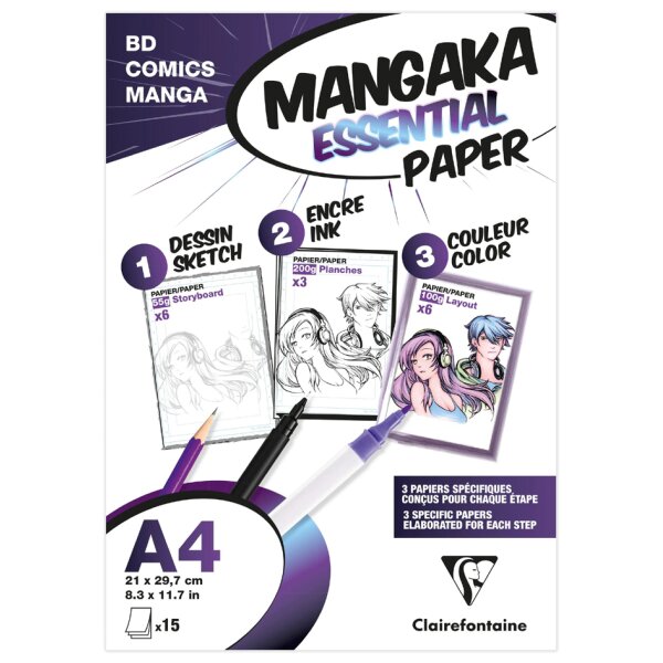Clairefontaine Papier MANGA, A4, 15 feuilles, blanc