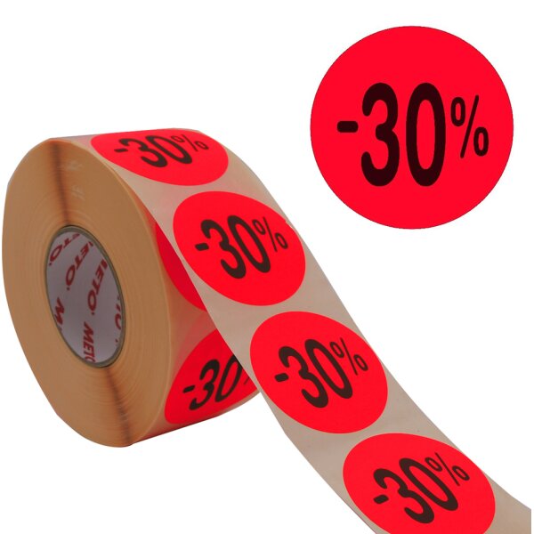 METO &Eacute;tiquette promotionnelle -30%, rond, rouge fluo