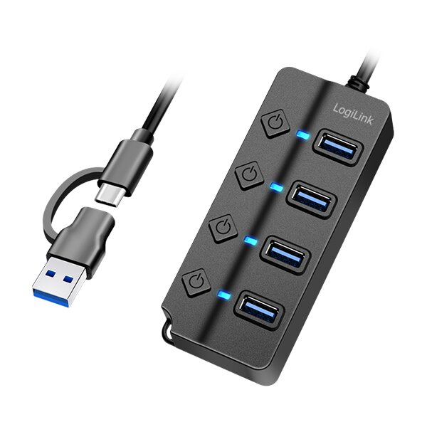 LogiLink Hub USB 3.2, 4 ports, avec interrupteurs, noir