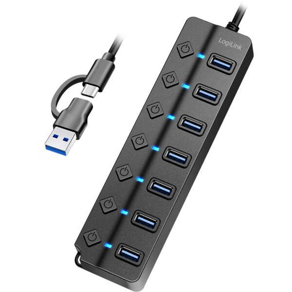 LogiLink USB 3.2 Hub, 7 Port, mit Ein- Ausschalter, schwarz