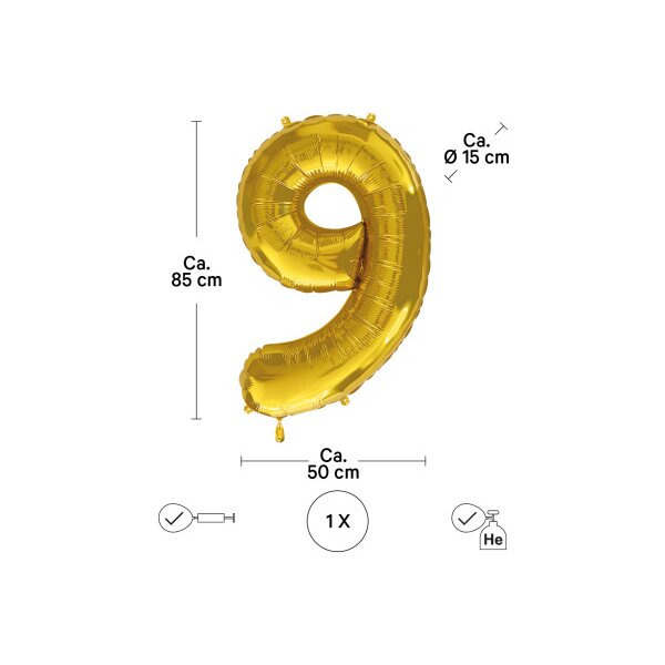I AM CREATIVE Folienballon Zahl 9 85cm 1000-1054 gold