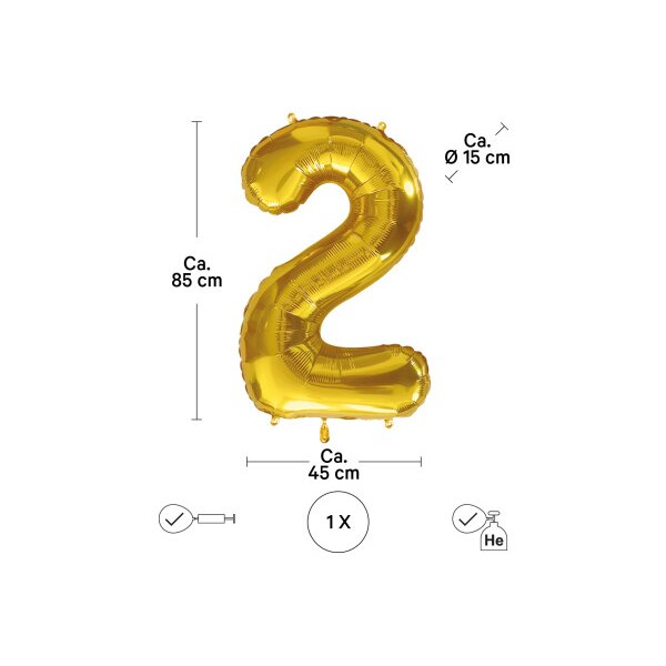 I AM CREATIVE Folienballon Zahl 2 85cm 1000-1047 gold