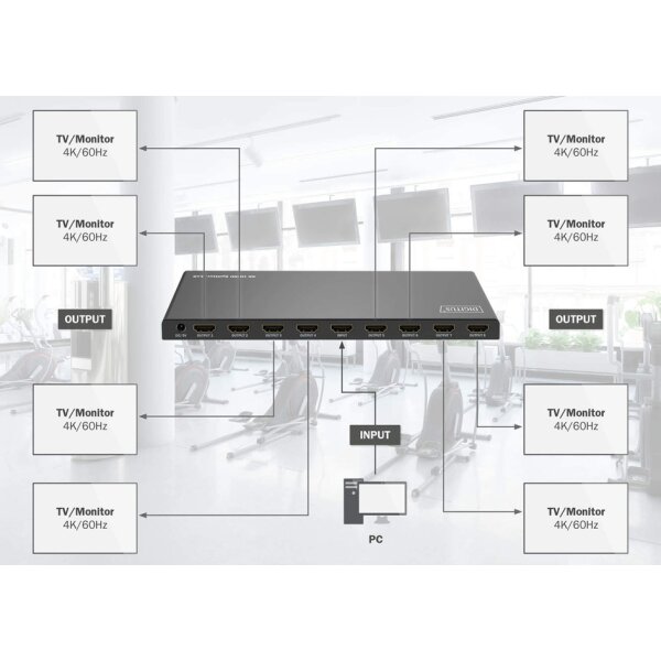 DIGITUS Répartiteur HDMI 4K, 1x8, 4K/60Hz HDCP 2.2, noir