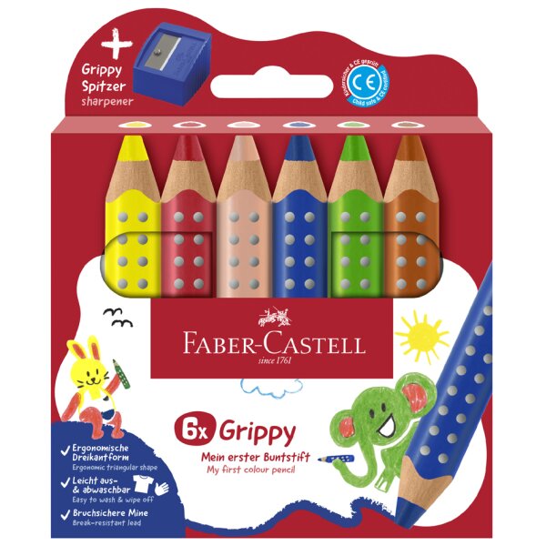 FABER-CASTELL Crayon de couleur Grippy, étui carton de 6