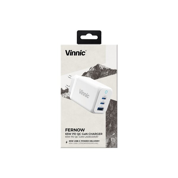 VINNIC FERNOW GaN 65W,Wallcharger VPCG-GA65WG1-EUWH 2x USB C, 1x USB-A, White