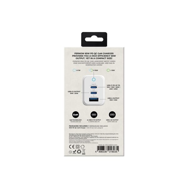 VINNIC FERNOW GaN 65W,Wallcharger VPCG-GA65WG1-EUWH 2x USB C, 1x USB-A, White