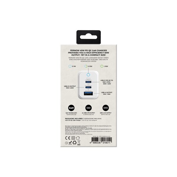 VINNIC FERNOW GaN 45W,Wallcharger VPCG-GA45WG1-EUWH 2x USB C, 1x USB-A, White