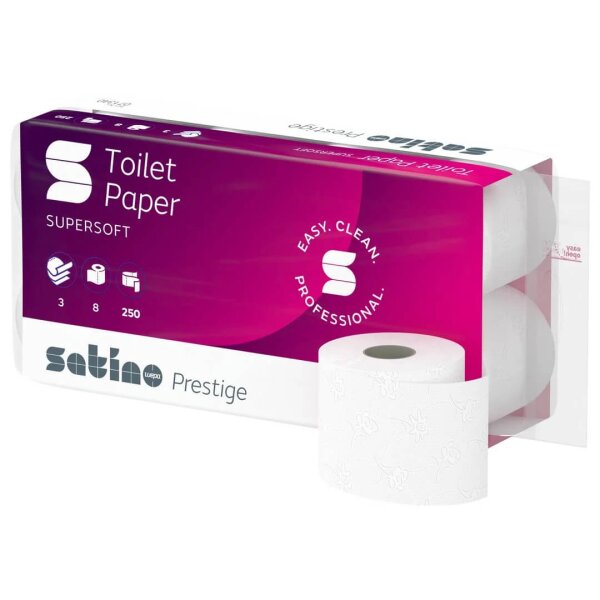 SATINO Prestige Papier de toilette extra blanc, 3 couches, 250 feuilles - 1/4 Palette (448 rouleaux)