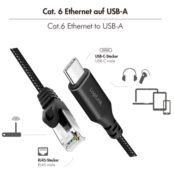 LogiLink Câble Ethernet USB 3.2, USB-C - RJ45, 10 m