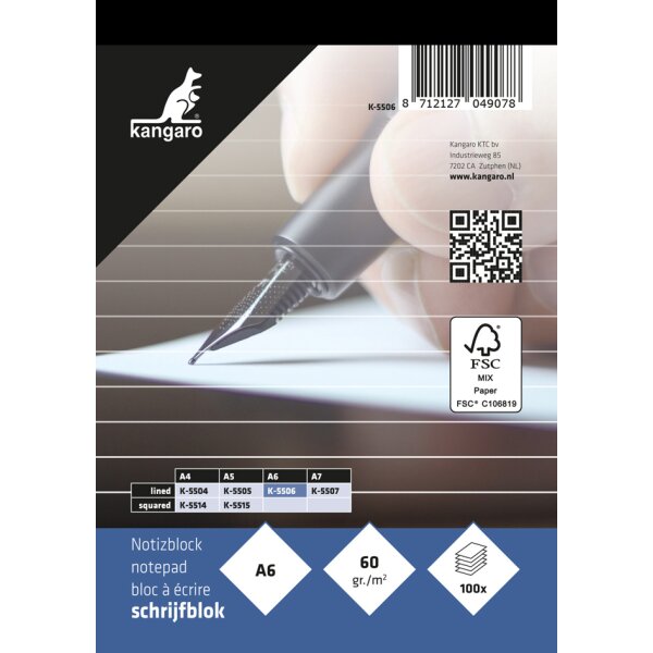 kangaro Bloc-notes A6, ligné, 100 feuilles