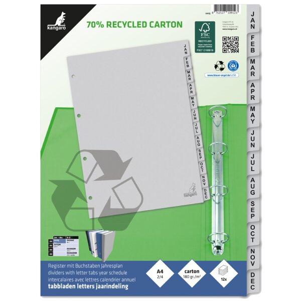 kangaro Intercalaire carton ECO, mois, A4, 12 pièces