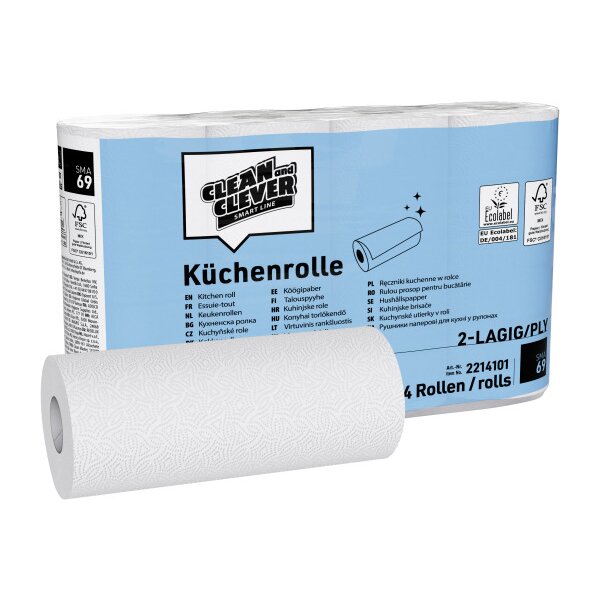 CLEAN AND CLEVER Haushaltrollen 2-lagig 23x22cm 40022 hochweiss 64 Blatt, 32 Rollen