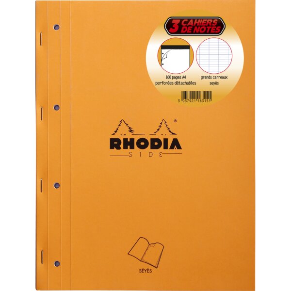 RHODIA Bloc de cours, format A4, quadrill&eacute;, orange, lot de 3