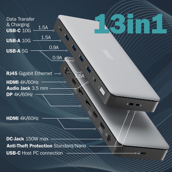 DIGITUS Station daccueil USB-C, 13 ports, gris/noir