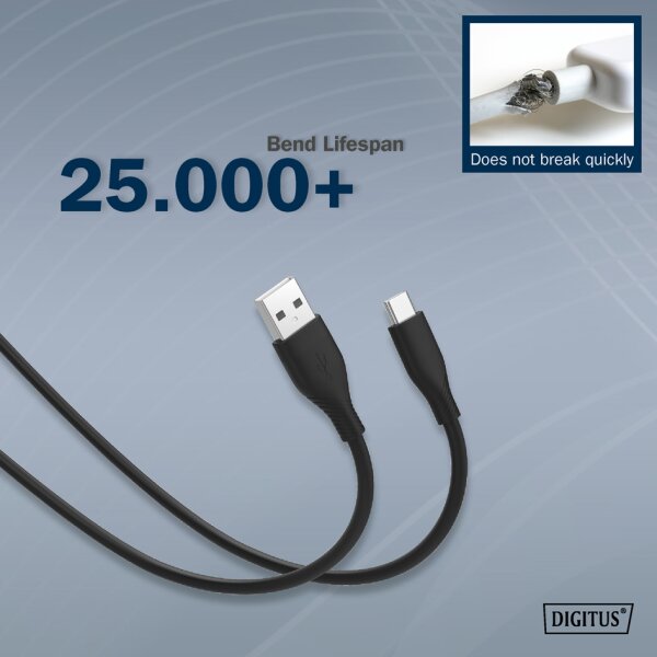 DIGITUS Câble USB 2.0 silicone, USB-C - USB-A, 2,0 m, noir