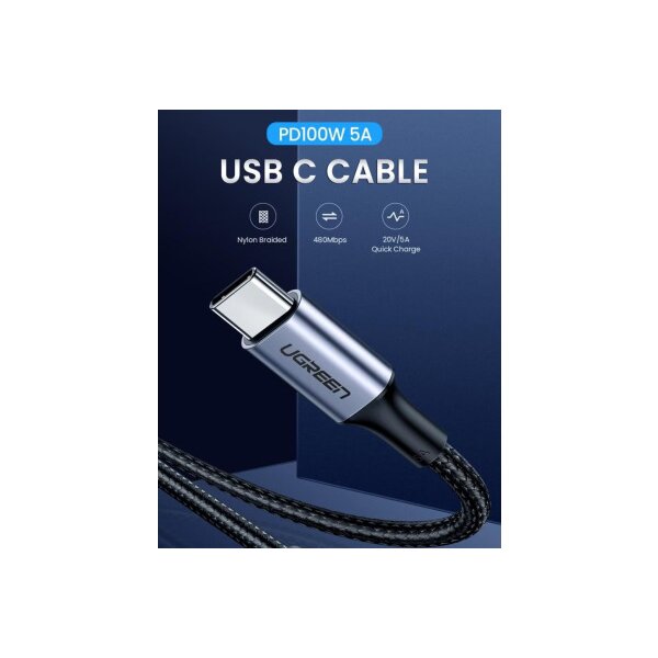 UGREEN Fast Charging Cable 100W Max 70429 5A,USB-C-USB-C,PD,Black 2m