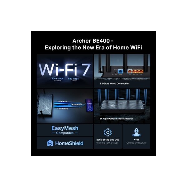 TP-LINK DualBand WiFi 7 Router Archer BE400 BE6500