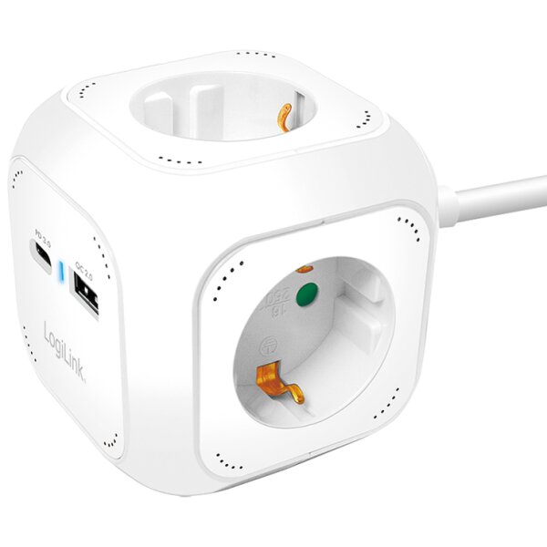 LogiLink Steckdosenwürfel, 4-fach + 2x USB, weiss