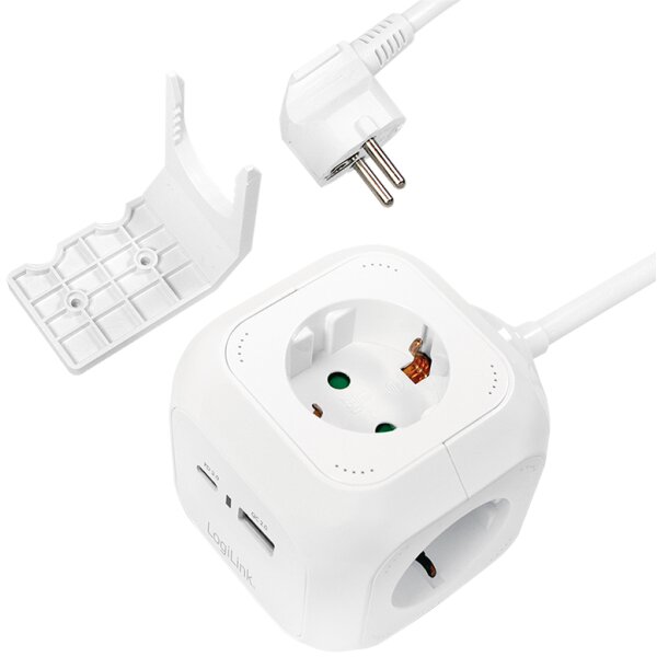 LogiLink Steckdosenwürfel, 4-fach + 2x USB, weiss