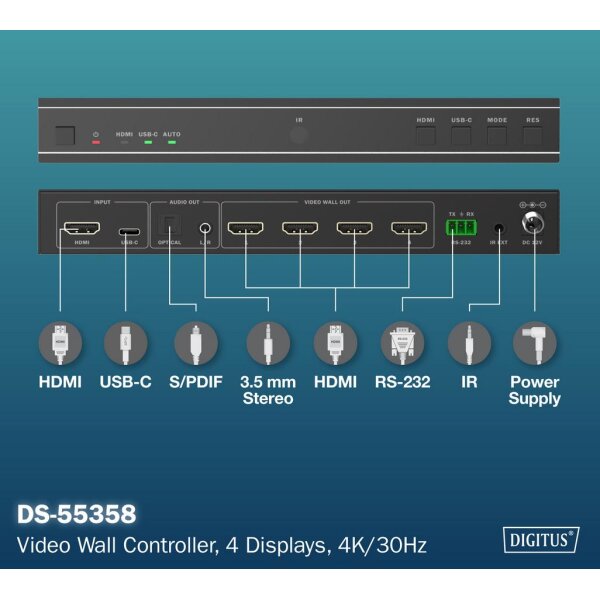 DIGITUS Contrôleur de mur vidéo 4K HDMI, noir