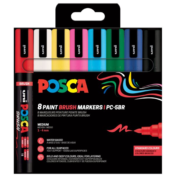 POSCA Marqueur &agrave; pigment PC-5BR BRUSH, &eacute;tui de 8, assorti