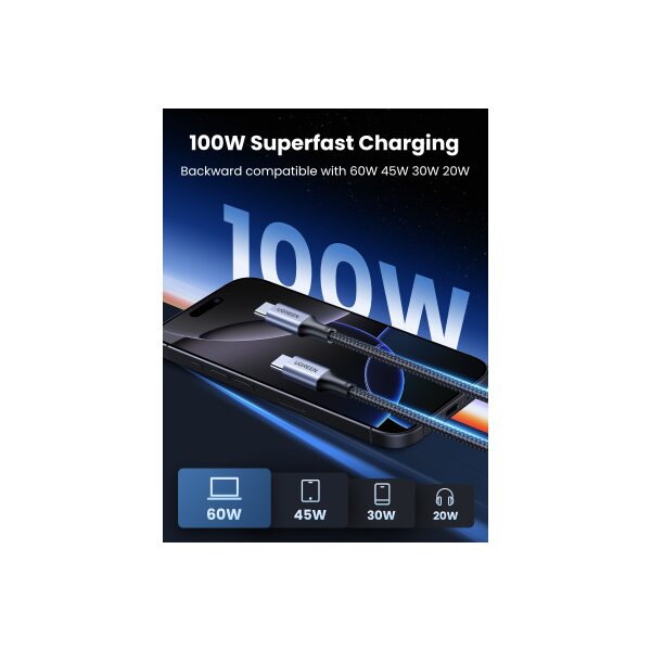 UGREEN Fast ChargingCable 100W Max 70427 5A,USB-C-USB-C,PD,Black 1m