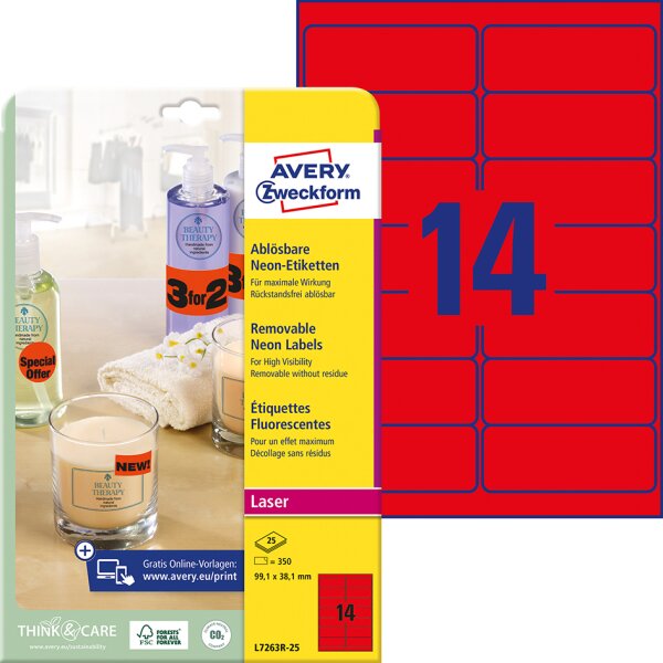 AVERY Zweckform Stick&Lift Etiketten, 63,5 x 29,6 mm, rot