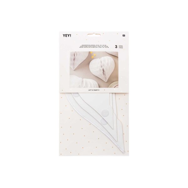 RICO DESIGN Wabenpapier 20-30cm 99001.71.31 Herz, weiss 3 Stück