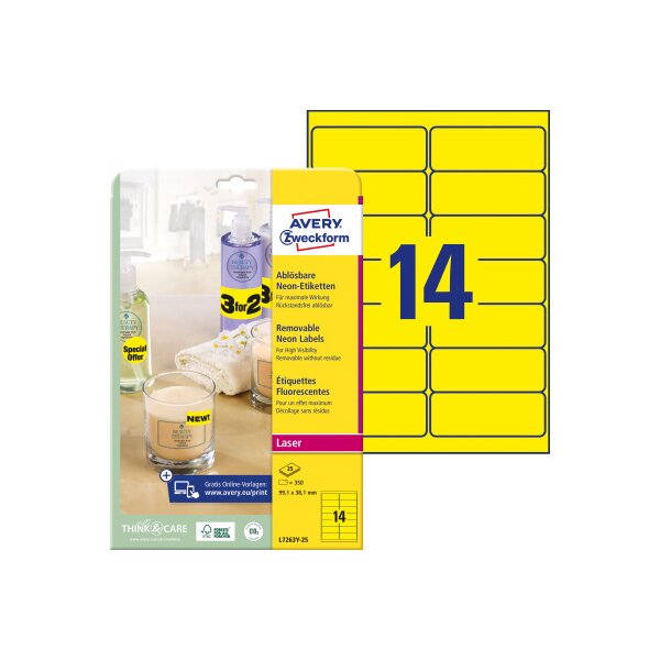 AVERY ZWECKFORM Etiketten 99,1x38,1mm L7263Y-25 gelb 350 Stück
