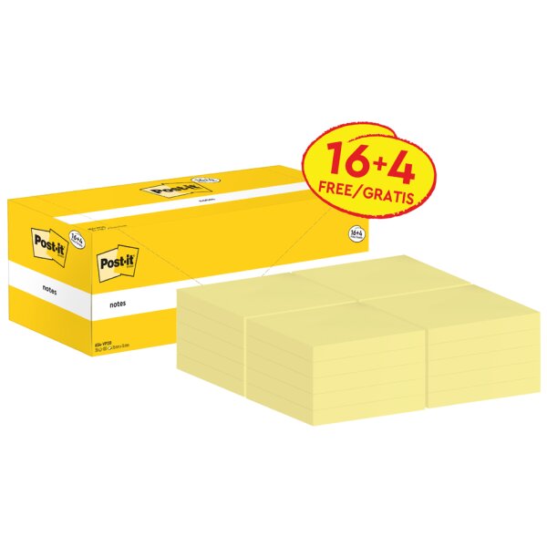 Post-it Haftnotizen notes, 51 x 38 mm, gelb, Promotion 16+4