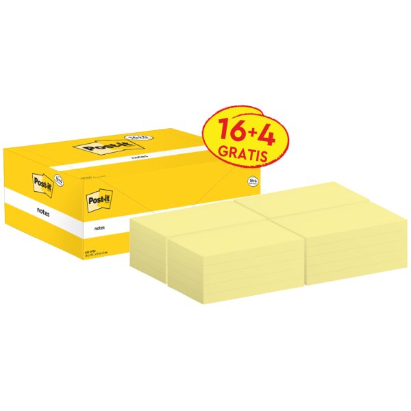Post-it Bloc-notes adh&eacute;sif, 127x76 mm, jaune, 18+6 gratuits