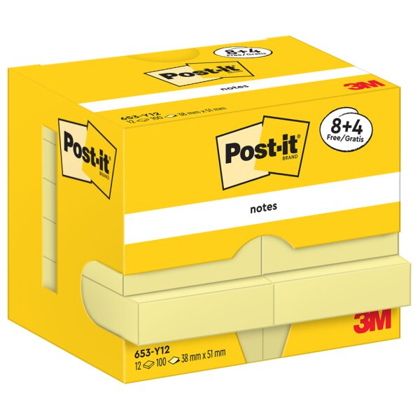 Post-it Bloc-notes adh&eacute;sif, 51 x 38 mm, jaune, 18+6 gratuits