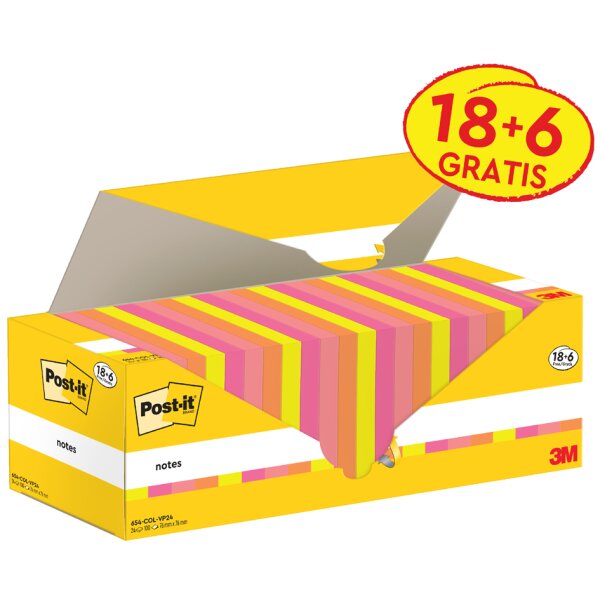 Post-it Bloc-notes adh&eacute;sif, 76x76 mm, color&eacute;, 18+6 gratuits