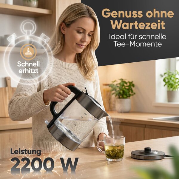 PROFI COOK Wasserkocher PC-WKS 1322, Glas dark inox, 1,7 L