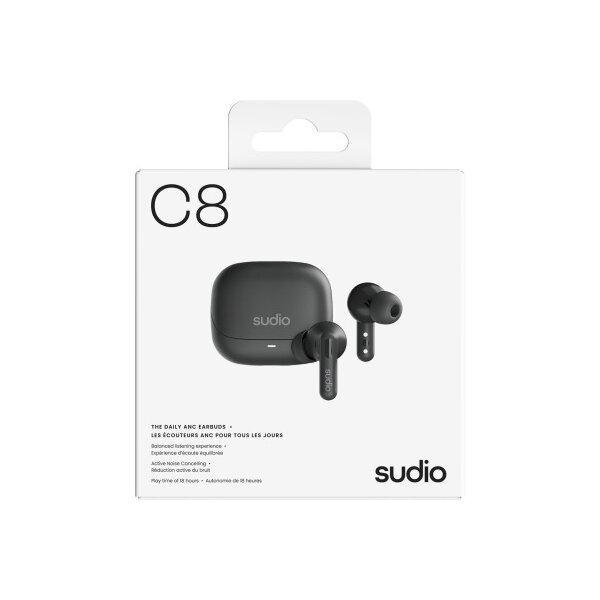 SUDIO Noise Cancelling Earbuds C8BLK C8, Black, Wireless