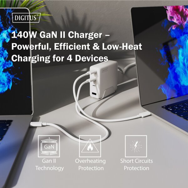 DIGITUS Chargeur secteur USB GaN, 3x USB-C / 1x USB-A, 140 W