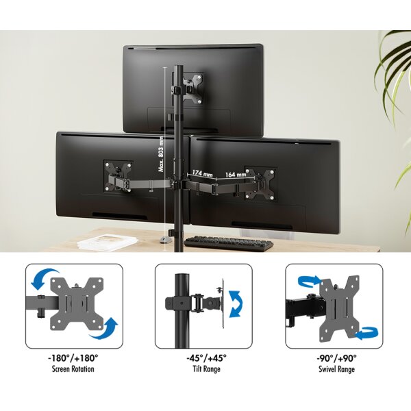 LogiLink Support triple &eacute;cran, longueur bras 376 mm, noir