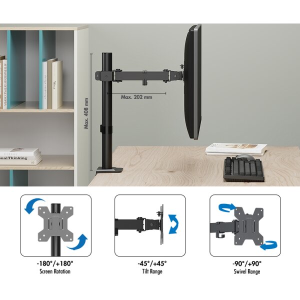 LogiLink Monitorhalterung, Arml&auml;nge: 202 mm, schwarz
