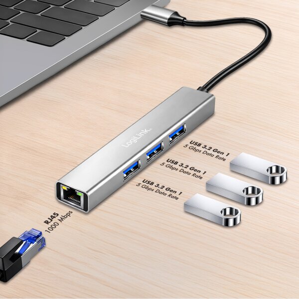 LogiLink Hub USB 3.2 Gen1, 4 ports, bo&icirc;tier aluminium, gris