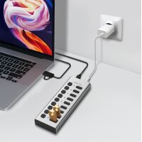 LogiLink Hub USB 3.2, 10 ports, interrupteurs on/off, argent