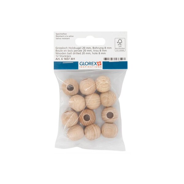 GLOREX Grossloch Holzkugel 20mm 61657301 natur 12 St&uuml;ck