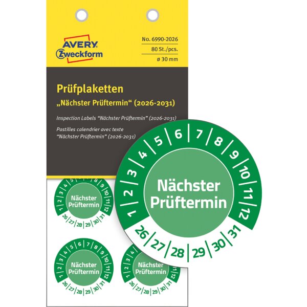 AVERY Zweckform Pr&uuml;fplaketten N&auml;chster Pr&uuml;ftermin, 2028-33