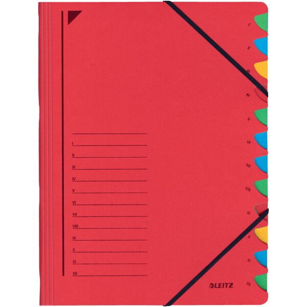 LEITZ Chemise trieur, A4, carton, 12 compartiments, rouge