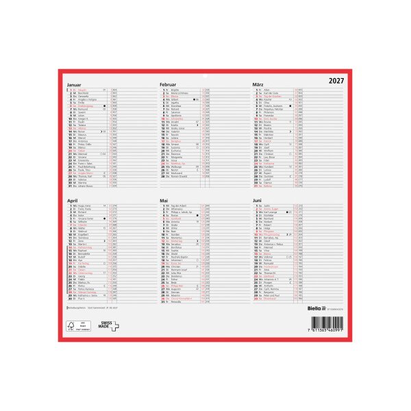 BIELLA Calendrier mural 2027 871006900027U 6M/1P rouge/blanc DE 32x29.7cm