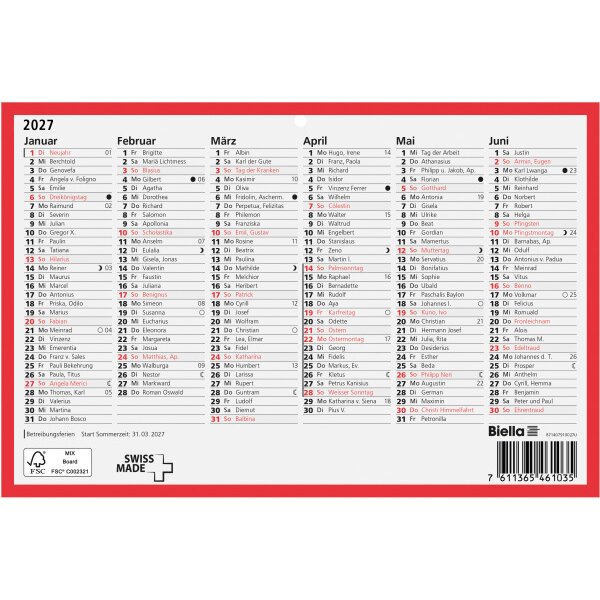 BIELLA Calendrier mural 2027 871507900027U 6M/1P r./blanc DE 23.5x15.5cm