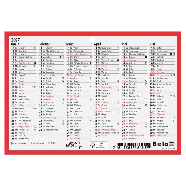 BIELLA Calendrier mural 2027 871607000027U 6M/1P r./blanc DE 16.5x11.5cm